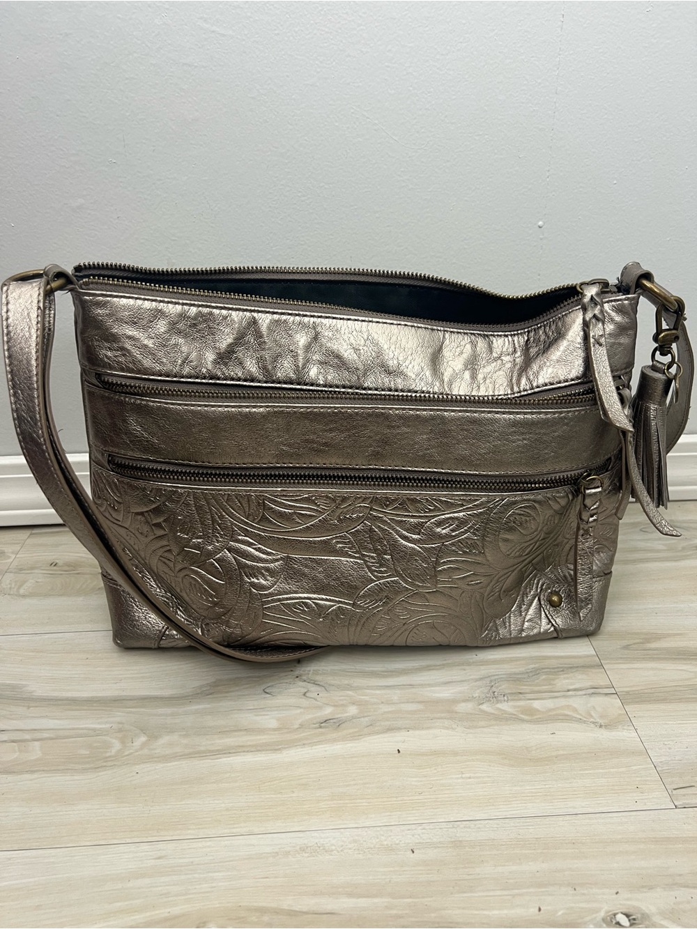 The Sak Metallic Floral Embossed Crossbody Bag Bronze